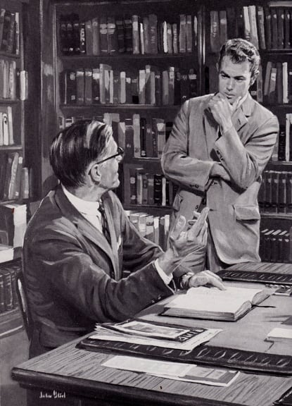 A black and white painting of a man talking to a pensive man and pointing to a verse in the Bible open on his desk.